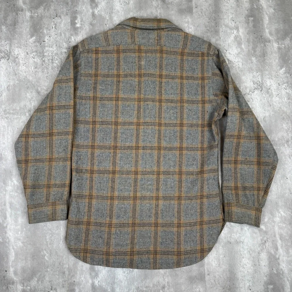 Vintage Pendleton Lodge Shirt Mens Medium Grey Brown Plaid Wool 60s 70s USA Made